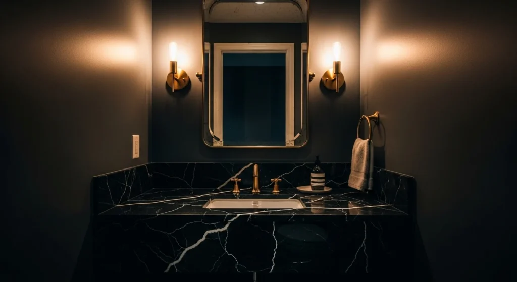 marble bathroom vanity: A dramatic powder room featuring a black Nero Marquina marble vanity with striking white veins, complemented by elegant gold fixtures and dark walls.