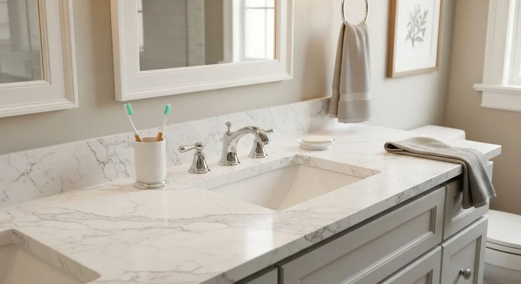 A modern bathroom vanity with a high-quality quartz countertop featuring a realistic white marble pattern with subtle gray veining.