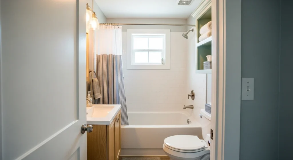 A compact but stylish bathroom featuring a 54-inch small bathtub, demonstrating an efficient and attractive use of limited space.