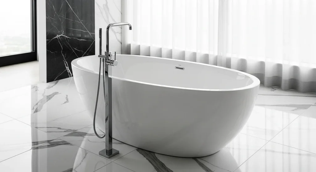 A spacious, modern bathroom with a white freestanding bathtub positioned with ample cleaning space around it and a chrome floor-mounted faucet.