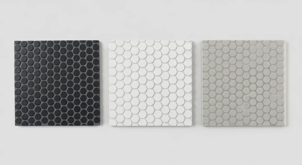 penny tile bathroom floor: A side-by-side comparison of white penny tiles with three different grout colors: dark charcoal, pure white, and medium gray, demonstrating the visual effect of each.