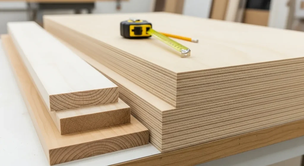 DIY bathroom cabinet: A stack of high-quality birch plywood sheets and solid poplar boards ready for a DIY bathroom cabinet project in a tidy workshop.