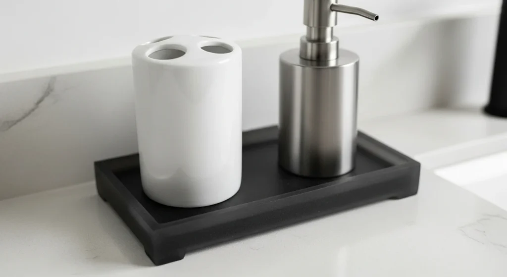 durable bathroom ornaments: A stylish bathroom vanity with a dark gray resin tray holding a white ceramic toothbrush holder and a matte black stainless steel soap pump.