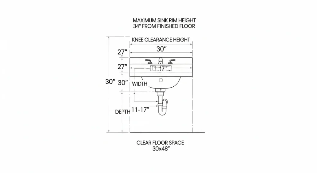 Technical diagram showing ADA compliant bathroom sink dimensions, including rim height, knee and toe clearance, and clear floor space.