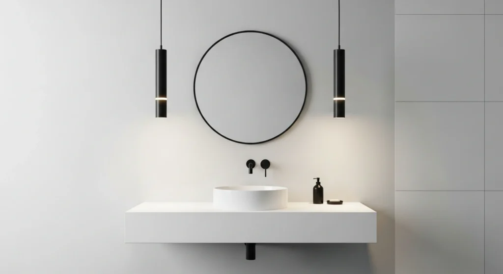 bathroom pendant lighting: Two sleek, matte black cylindrical pendant lights hanging on either side of a mirror in a minimalist white bathroom.