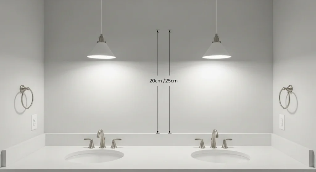 A diagram showing the correct placement for bathroom pendant lights, with arrows indicating 30-36 inches of height above the counter and 30-36 inches of space between the lights.