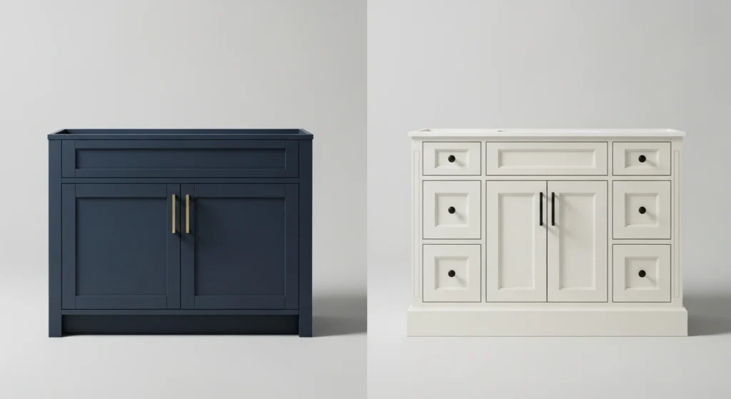 Bertch bathroom vanity: A side-by-side comparison of two Bertch bathroom vanities, one in a modern, dark blue flat-panel style and the other in a classic, white traditional shaker style.