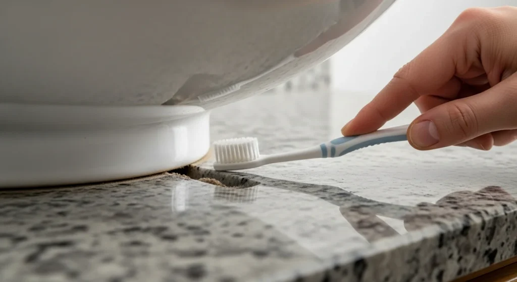 bathroom vanity with vessel sink: A close-up view of the base of a vessel sink, showing the small, hard-to-clean gap between the sink and the countertop.