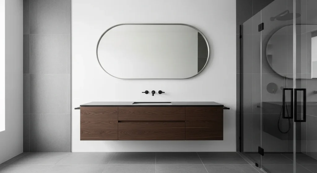 brushed nickel bathroom mirror: A modern bathroom with gray square tiles and a sharp-angled vanity, softened by the presence of a large oval mirror with a thin brushed nickel frame.