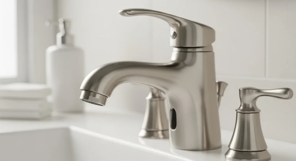 Close-up of a modern, ADA compliant lever-handle bathroom faucet, demonstrating easy operation without grasping or twisting.