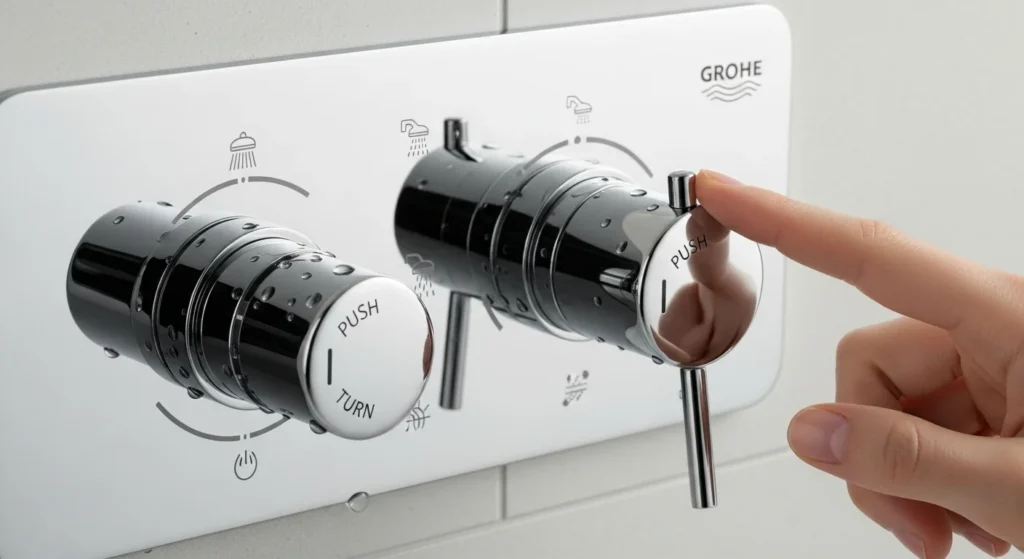 GROHE shower mixer: A close-up of a chrome GROHE SmartControl panel, showing the intuitive icons for shower heads and the push-and-turn control knobs.