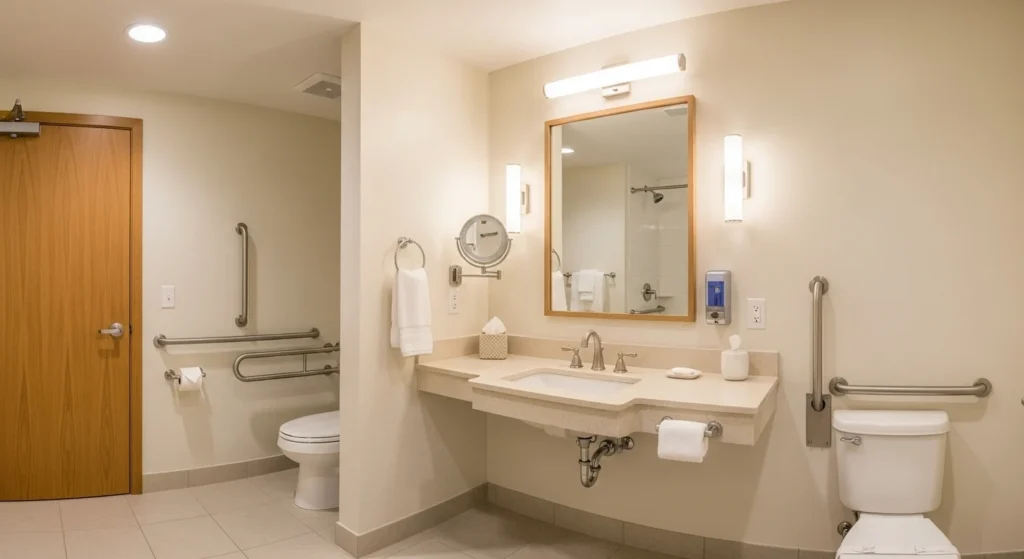 Wide shot of a luxurious, fully ADA compliant bathroom, highlighting accessible sink, mirror, grab bars, and light switch placement for holistic accessibility.