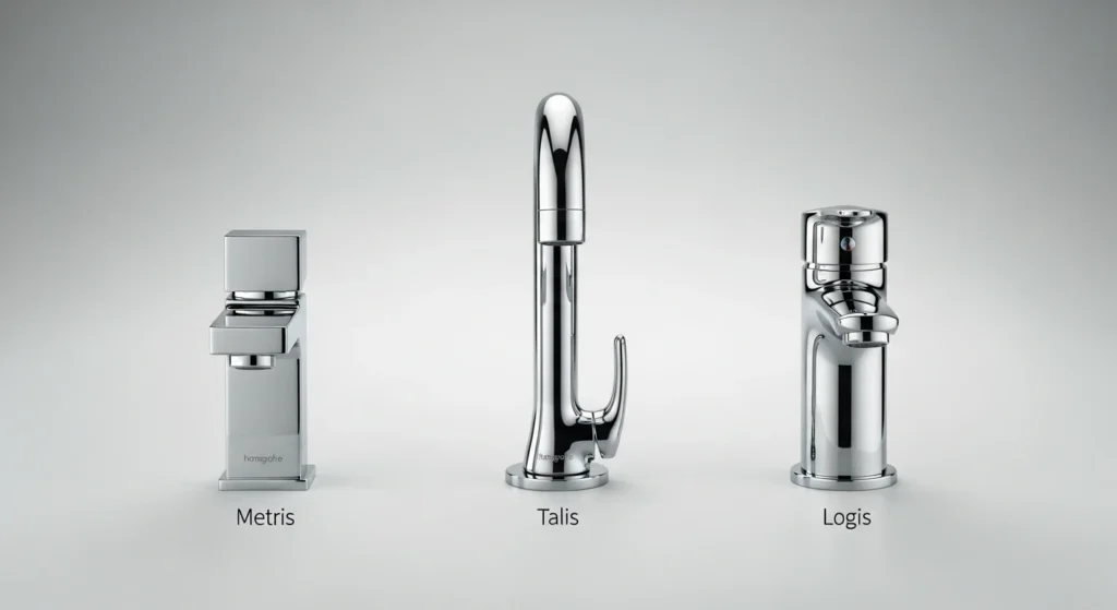 Hansgrohe taps review: Hansgrohe taps review: Three different Hansgrohe taps—Metris, Talis, and Logis—lined up to show their distinct modern, elegant, and simple designs.