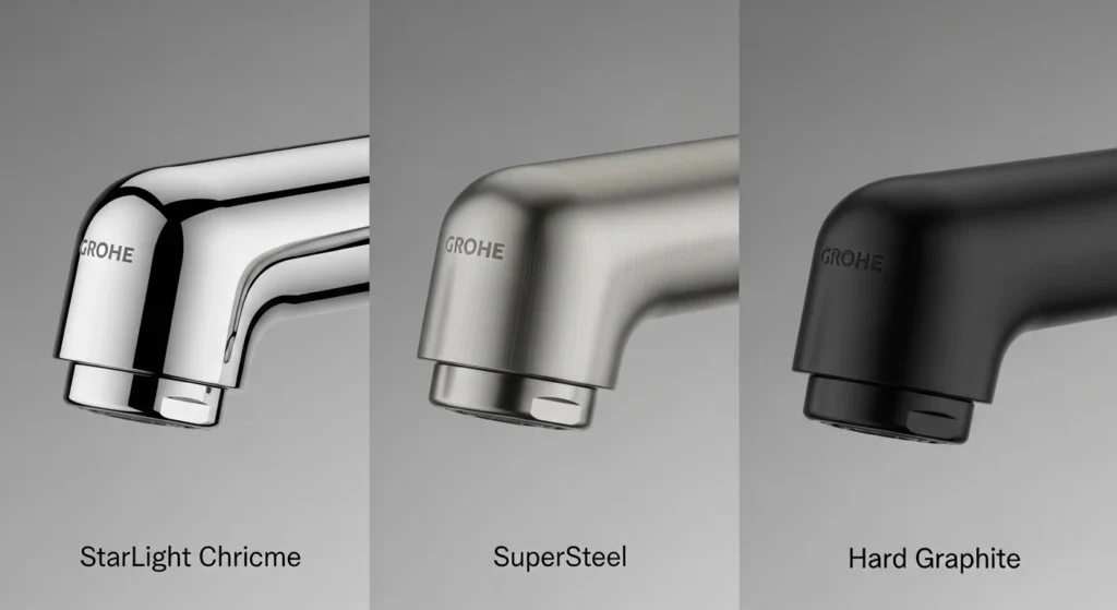 GROHE tapware: A side-by-side comparison of three identical taps in different GROHE finishes: shiny StarLight Chrome, brushed SuperSteel, and matte Hard Graphite.