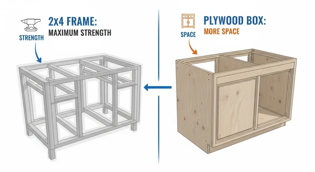 rustic DIY bathroom vanity: A side-by-side diagram comparing two DIY vanity construction methods: a robust 2x4 frame on the left and a space-efficient plywood box on the right.