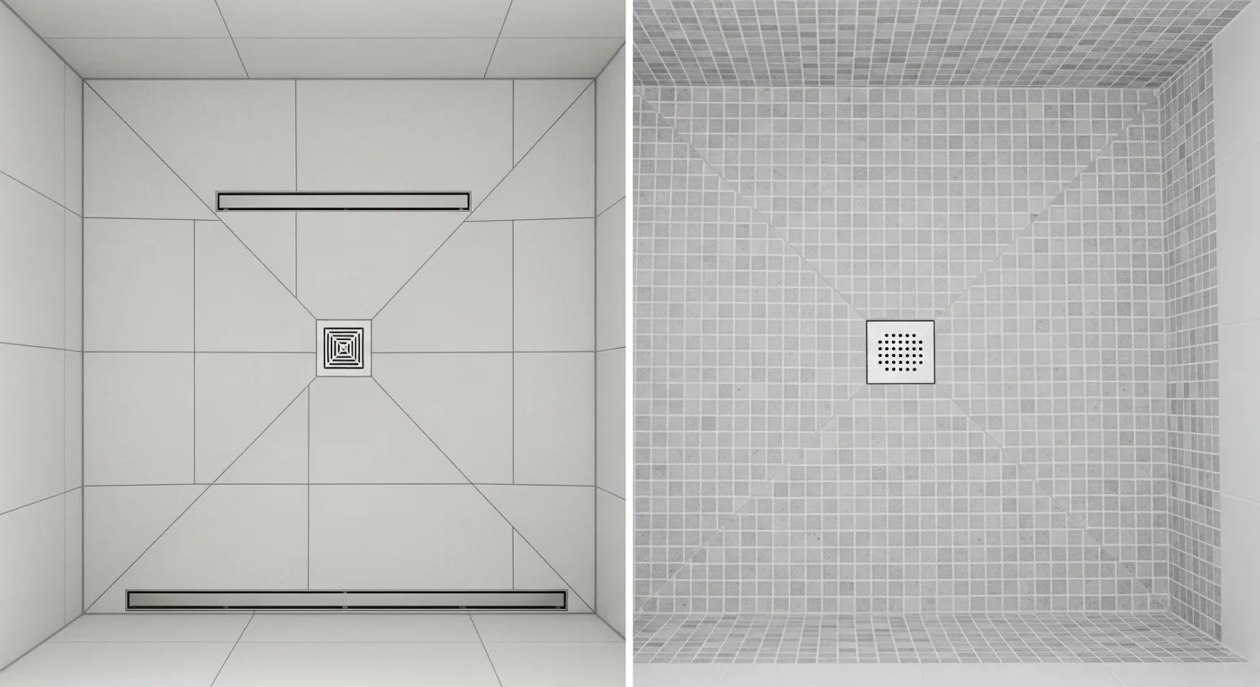 A split image comparing a modern linear drain shower with large tiles on the left to a traditional center drain shower with small mosaic tiles on the right.