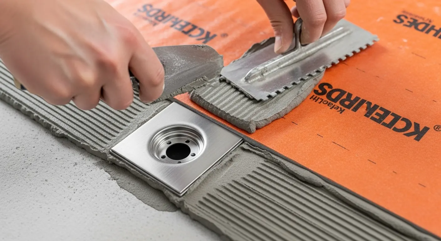 A close-up of a contractor installing a linear drain shower pan, showing the orange waterproofing membrane being sealed to the drain's flange.