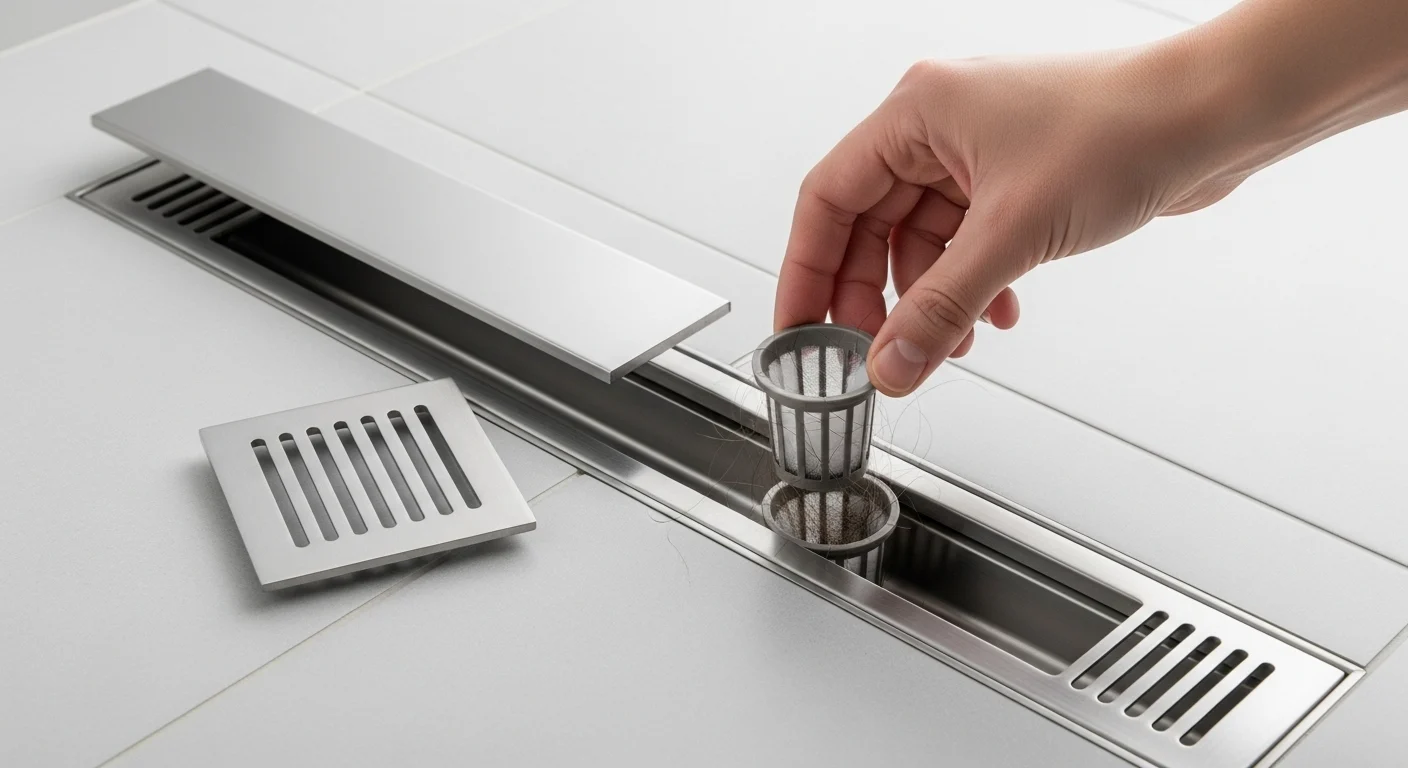 A person's hand lifting the hair trap basket out of a linear shower drain for easy cleaning, with the top grate placed beside it.