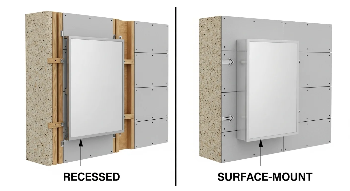 A split-screen diagram showing the difference between a recessed mirrored cabinet, which sits flush with the wall, and a surface-mount cabinet, which protrudes from the wall.