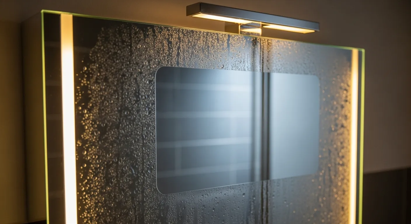 A close-up of a mirrored bathroom cabinet with light in a steamy bathroom, with a large, clear rectangle in the center where the anti-fog feature is working.