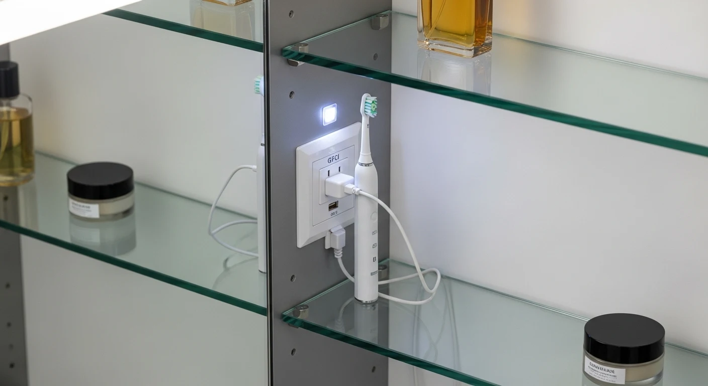 The inside of an open mirrored medicine cabinet showing an electric toothbrush charging in a built-in GFCI electrical outlet, with other toiletries stored neatly on glass shelves.
