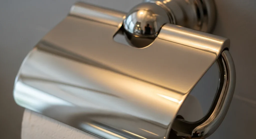 Close-up detail of a polished nickel toilet paper holder, highlighting its warm, reflective sheen.