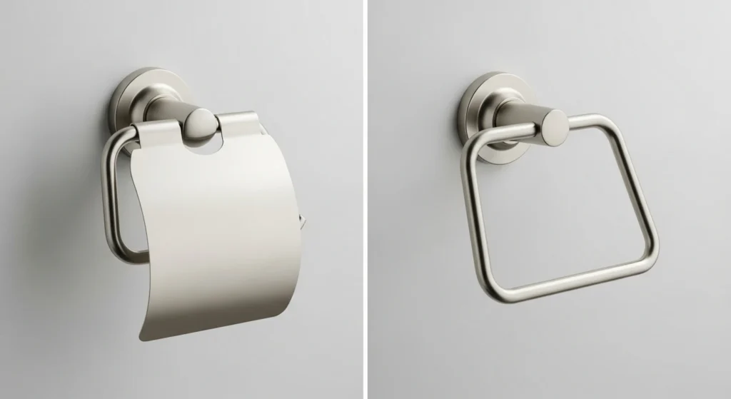 Comparison image displaying a polished nickel pivoting toilet paper holder next to an open-arm polished nickel holder.