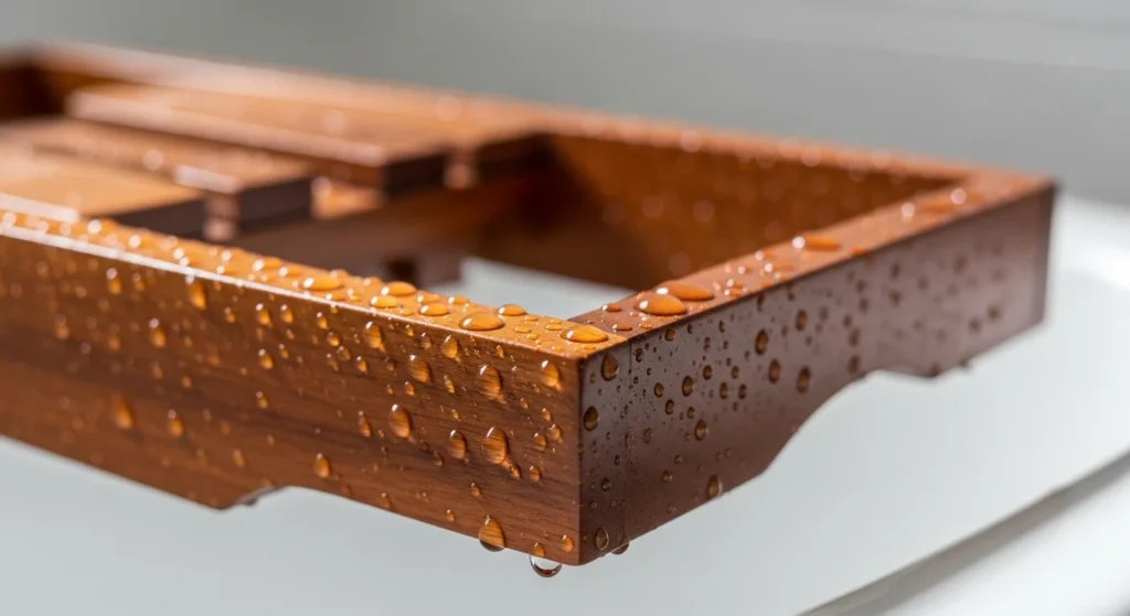A close-up shot of water droplets beading on the surface of a perfectly sealed, rich-toned wooden bathroom countertop, demonstrating its waterproof quality.