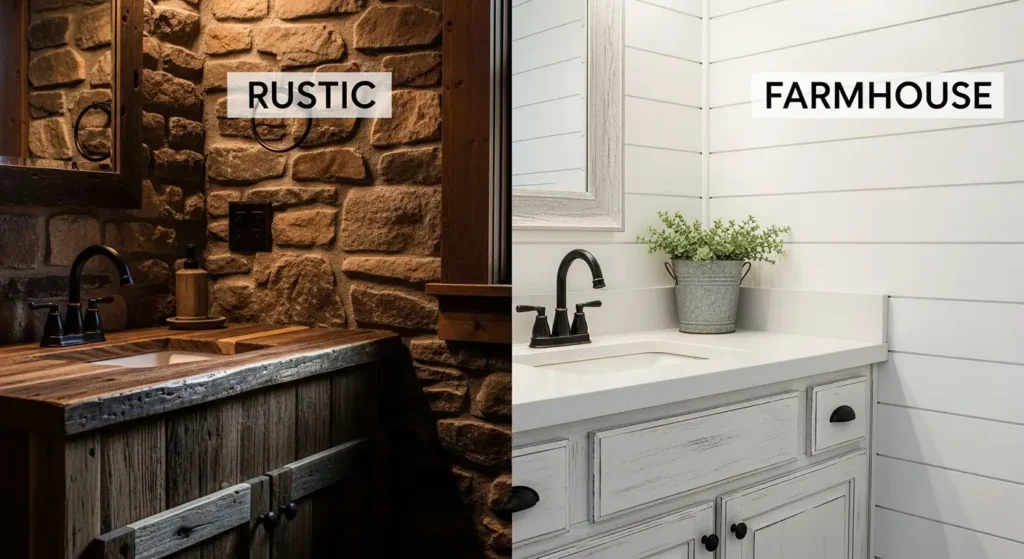 A split-screen image comparing two bathroom styles. Left side is labeled Rustic with dark wood and stone. Right side is labeled Farmhouse with white shiplap and light colors.