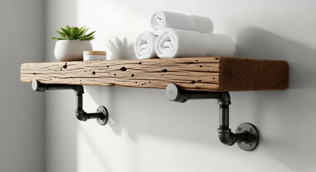 A thick, reclaimed wood floating shelf with visible grain, mounted securely to a bathroom wall with heavy-duty black industrial pipe brackets.