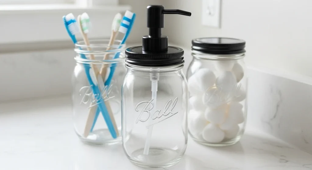 A set of three clear mason jars used as rustic bathroom accessories: one as a soap dispenser, one holding toothbrushes, and one filled with cotton balls.