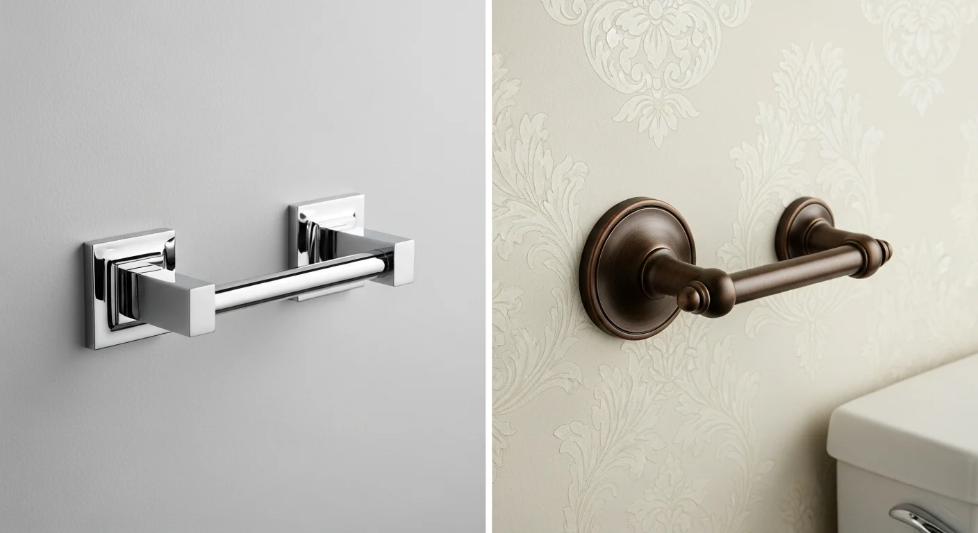 A split image comparing a sleek, chrome modern toilet paper holder on the left and an ornate, oil-rubbed bronze traditional holder on the right.