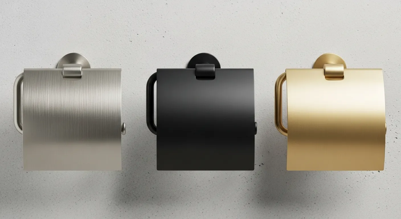Three wall-mounted toilet paper holders lined up, showing the different finishes: brushed nickel, matte black, and satin brass.