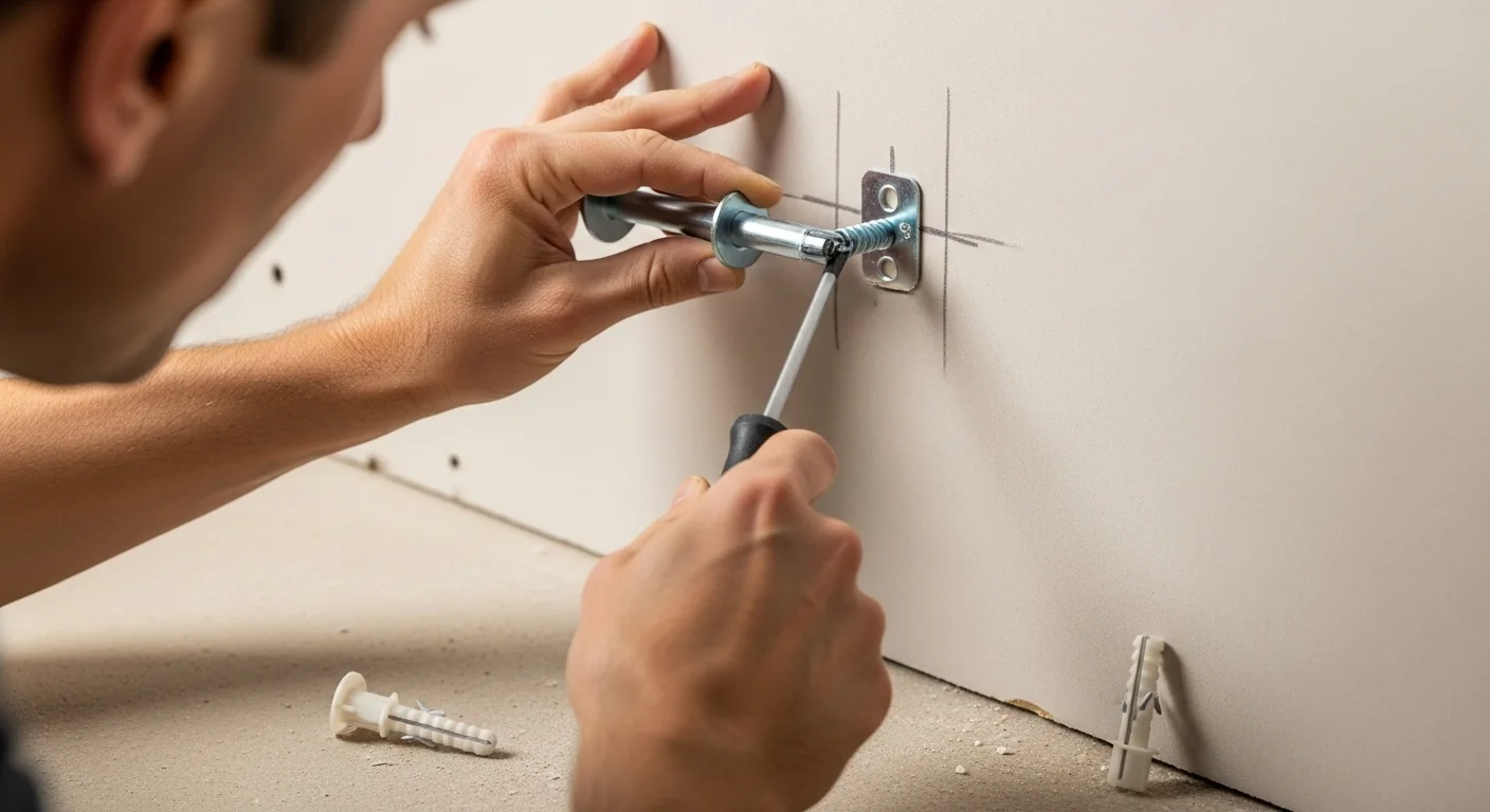 A close-up of hands installing a toilet paper holder wall mount using a heavy-duty, self-drilling drywall anchor for a secure fit.