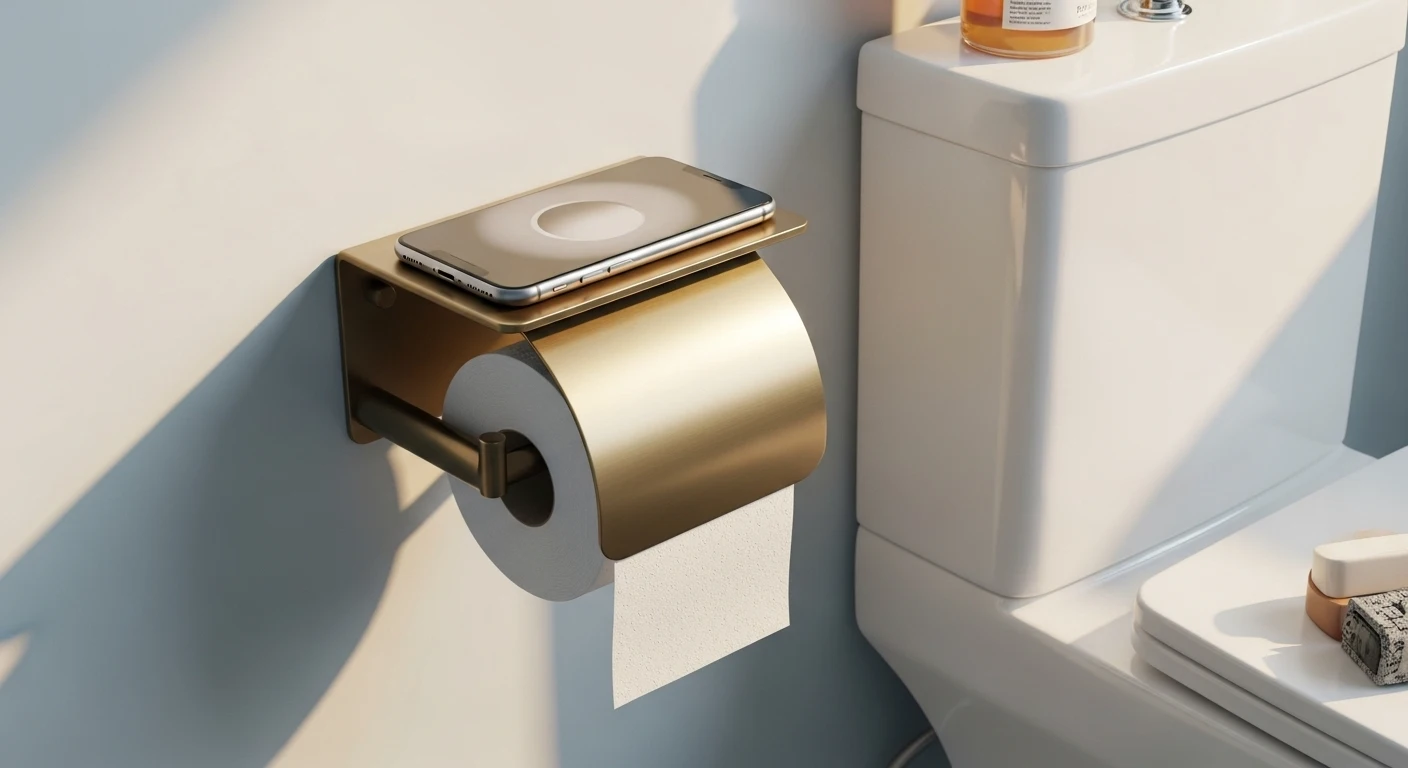 A modern toilet paper holder with an integrated shelf, shown mounted on a bathroom wall with a smartphone resting on top.