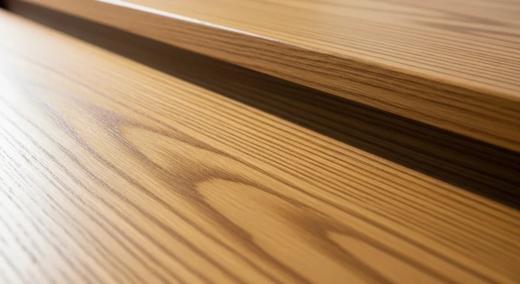 Close-up of a premium, finely sealed white oak wood surface, revealing its distinctive grain pattern and natural durability.
