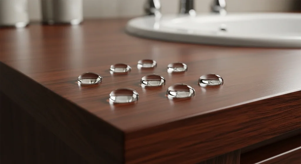 Water drops beading on a meticulously sealed dark wooden bathroom vanity surface, illustrating effective waterproofing.