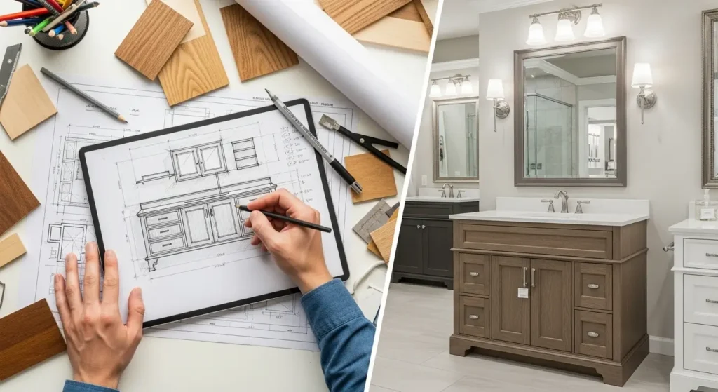Split image showing a designer's sketch for a custom wooden vanity next to a sleek, ready-made wooden vanity in a showroom.