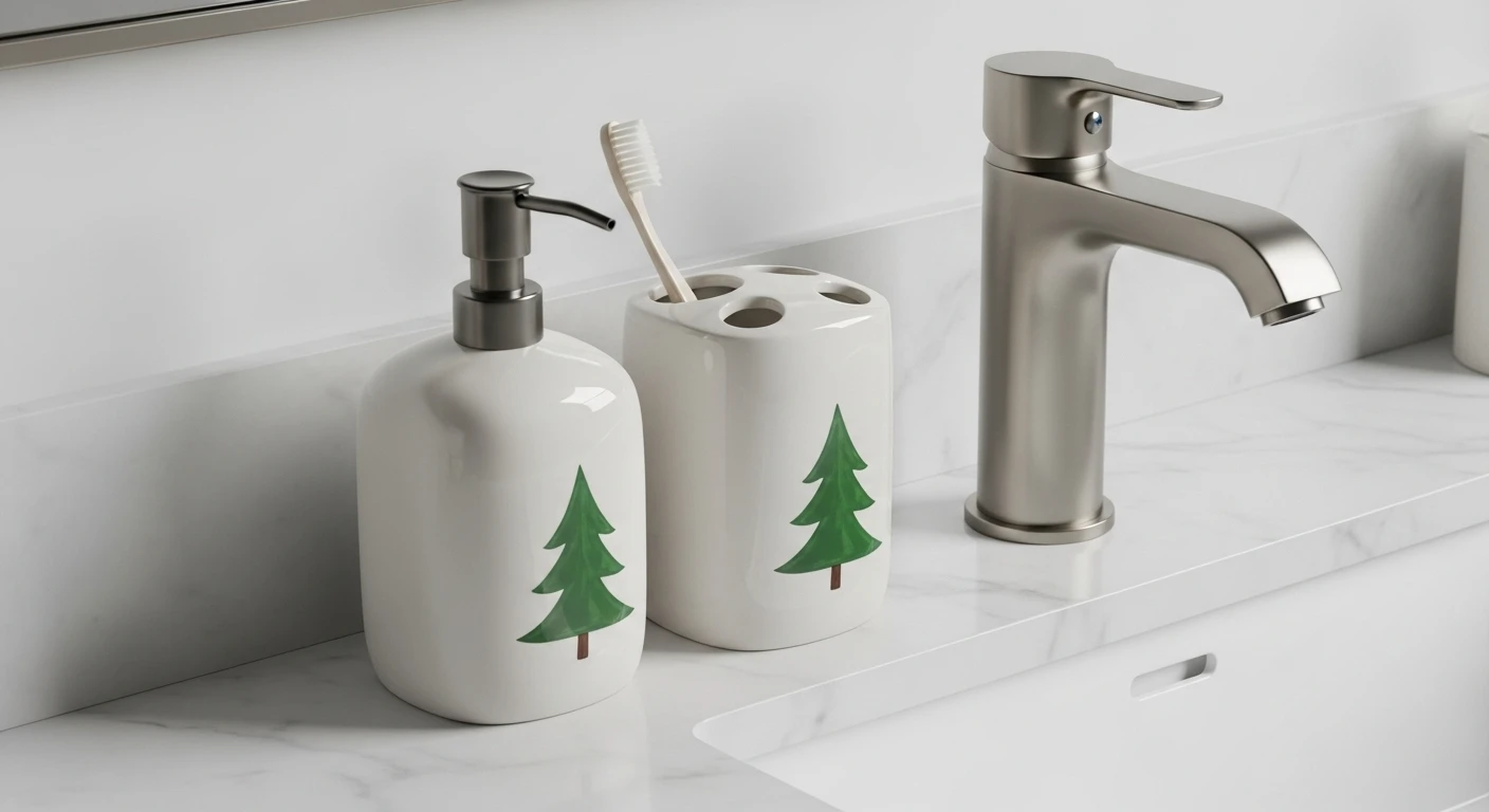 A cohesive Christmas bathroom decor set made of white ceramic with a simple pine tree design, placed on a marble countertop.