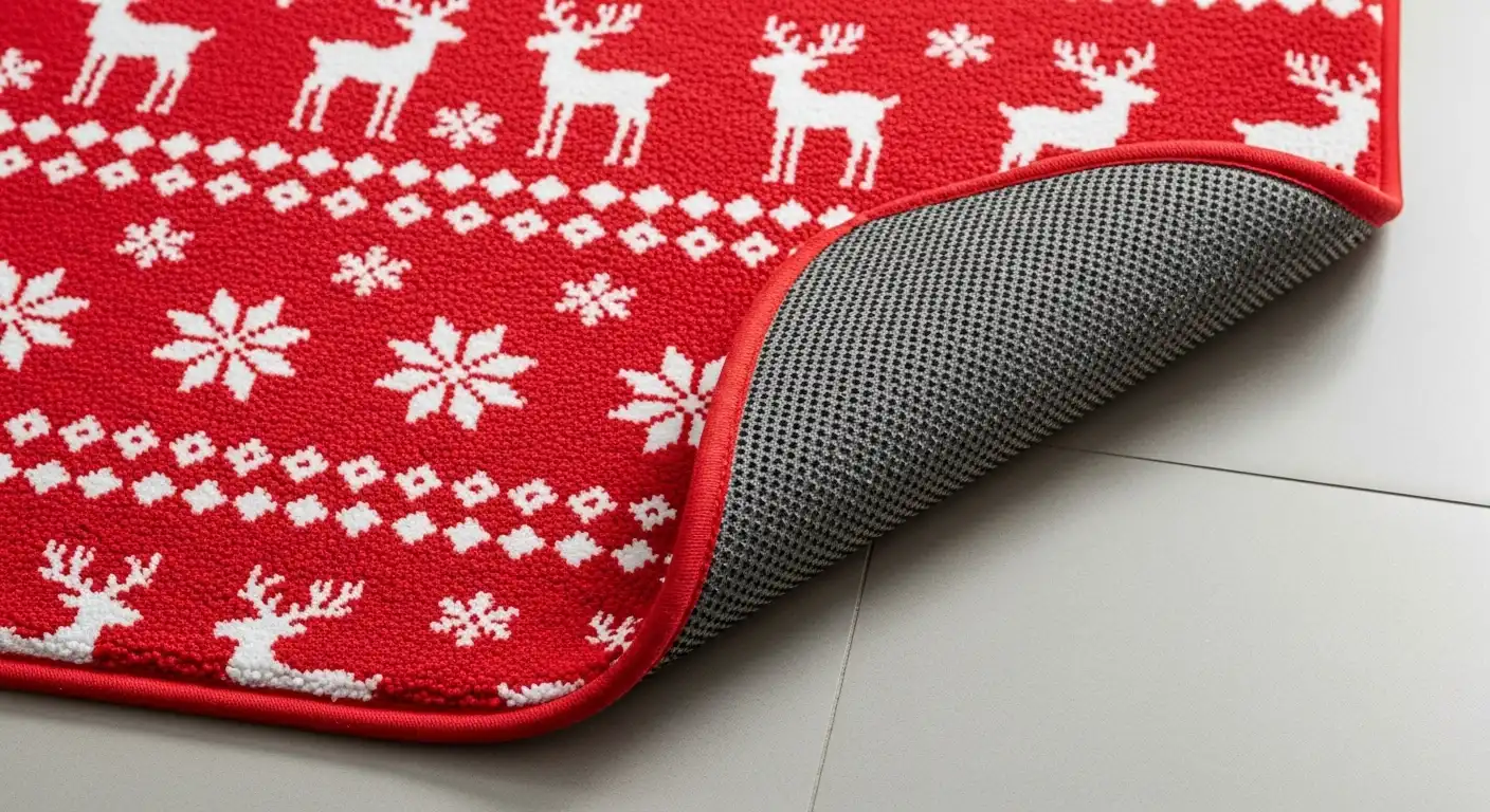A festive red Christmas bathroom mat on a tile floor, with one corner flipped up to show its solid, non-slip rubber backing for safety.