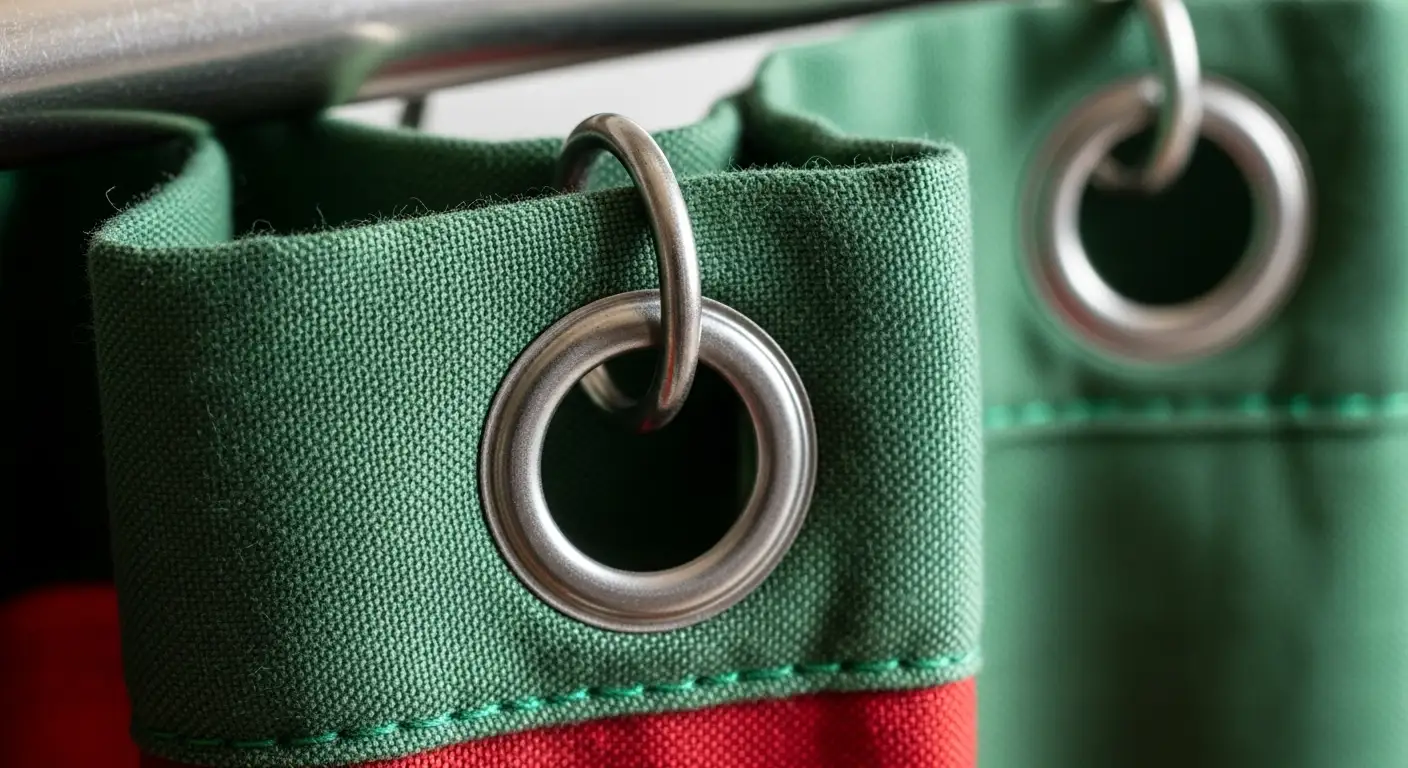 A macro shot of a durable Christmas shower curtain fabric, highlighting the texture and a rust-proof metal grommet.