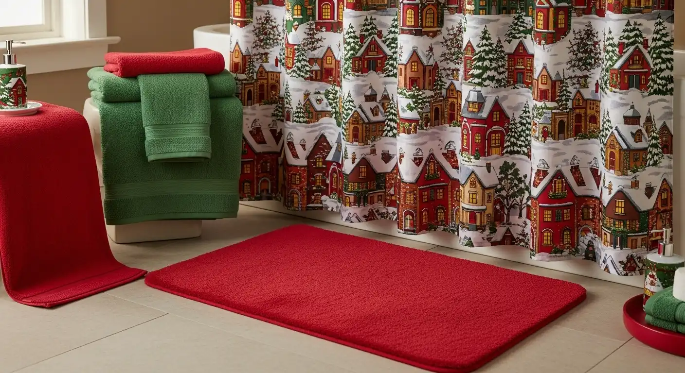 A festive bathroom with a Christmas shower curtain, a matching red bath mat, and neatly folded green towels.