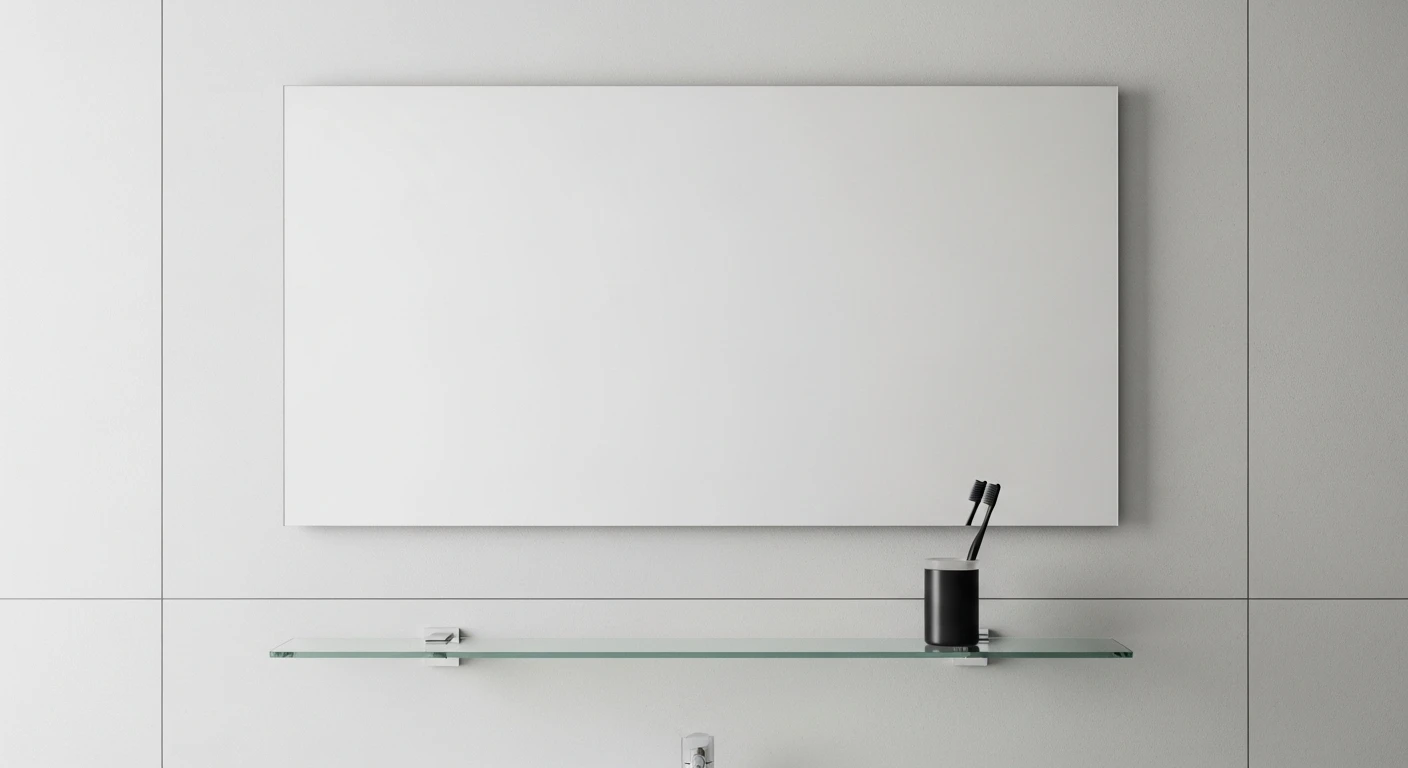 A frameless bathroom mirror with a floating tempered glass shelf against a light gray tiled wall.