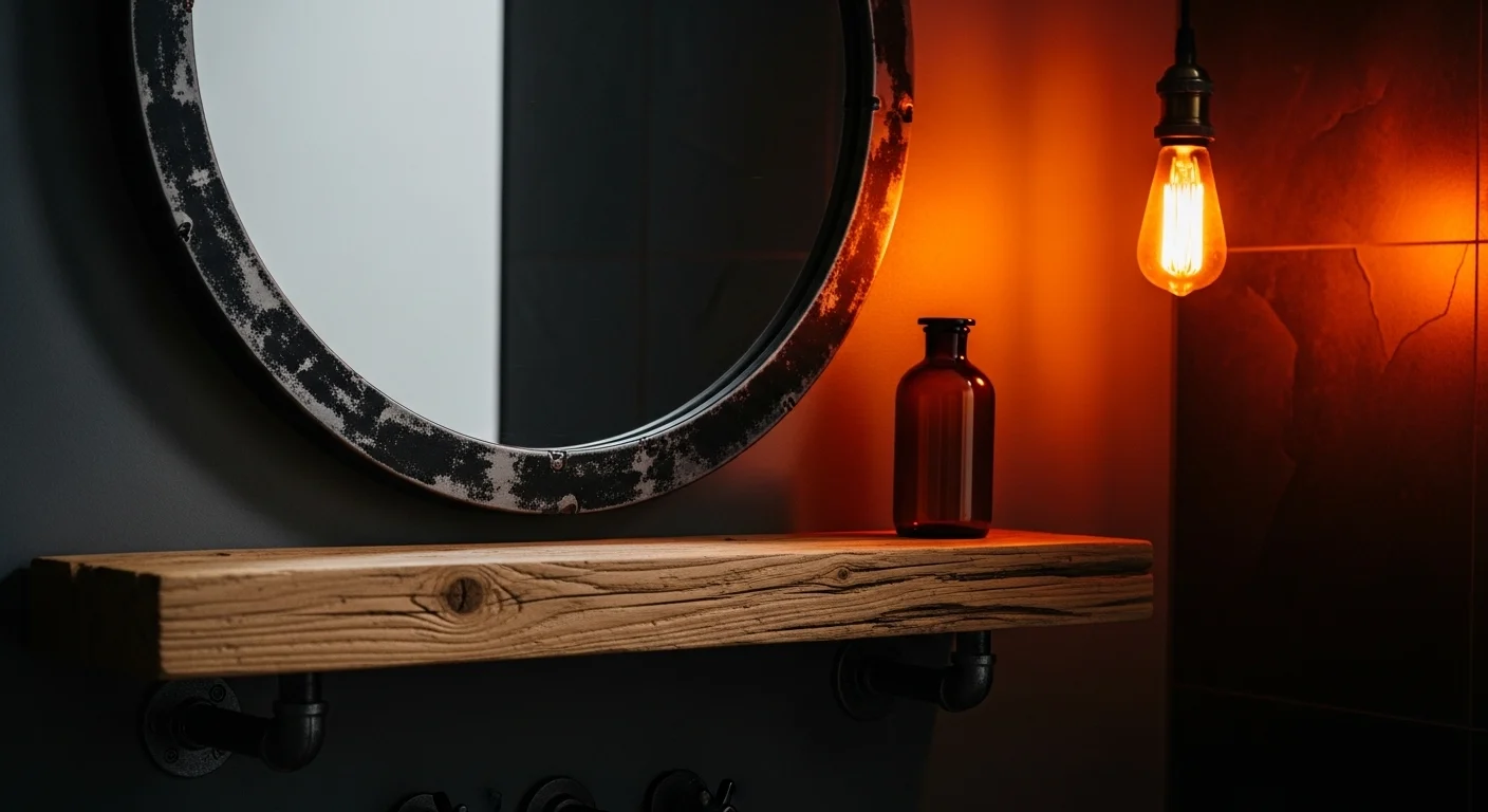 A round bathroom mirror framed in black metal with a thick, reclaimed wood shelf mounted below it.
