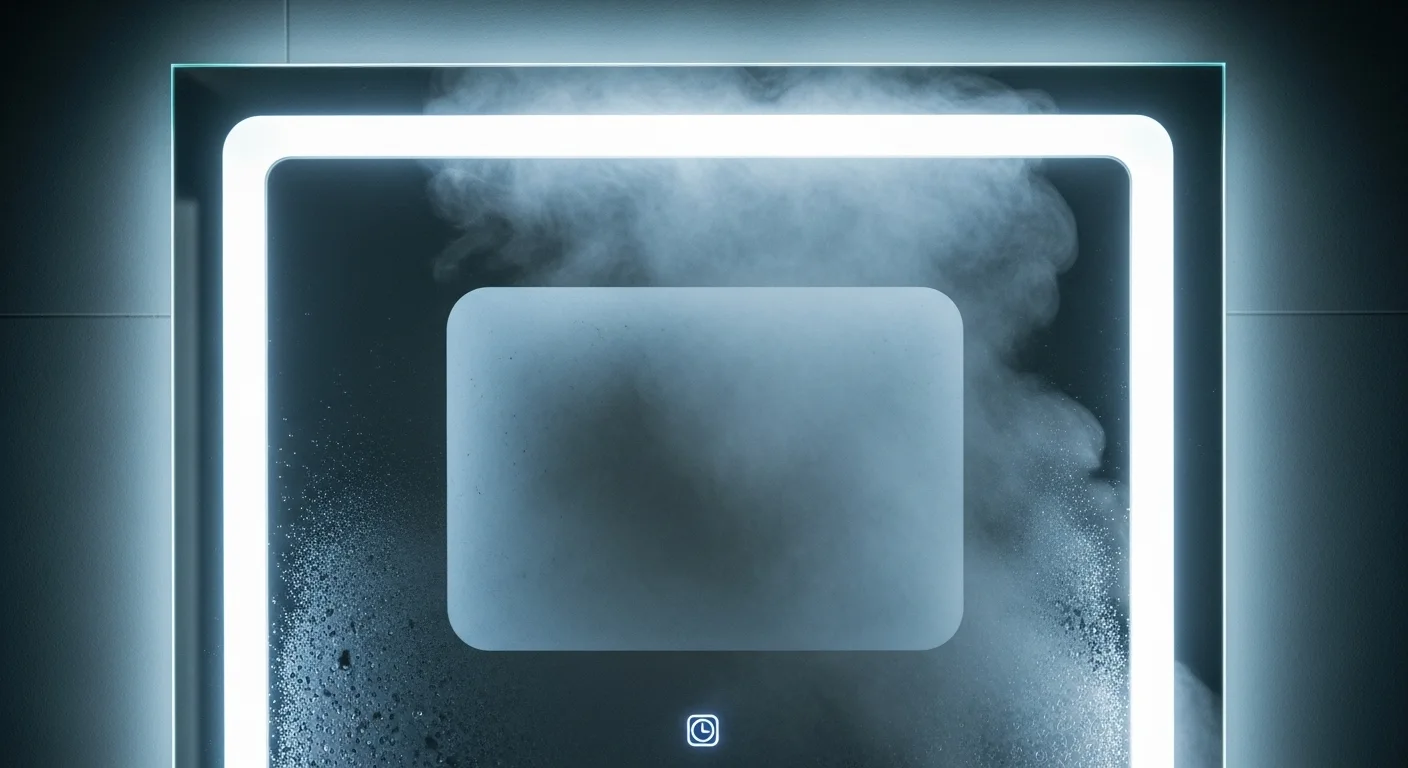 A smart bathroom mirror with a shelf, its integrated LED lights are on, and a clear rectangle from the defogger is visible on the steamy glass.