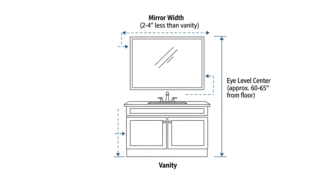 A diagram showing the proper way to size and place a bathroom mirror with a shelf above a vanity.