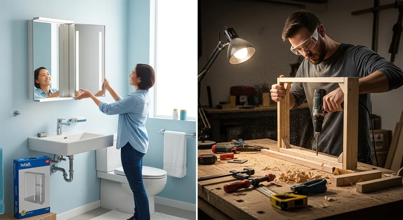 A split image showing a person easily installing a store-bought mirror on the left, and a person building a custom wood shelf in a workshop on the right.