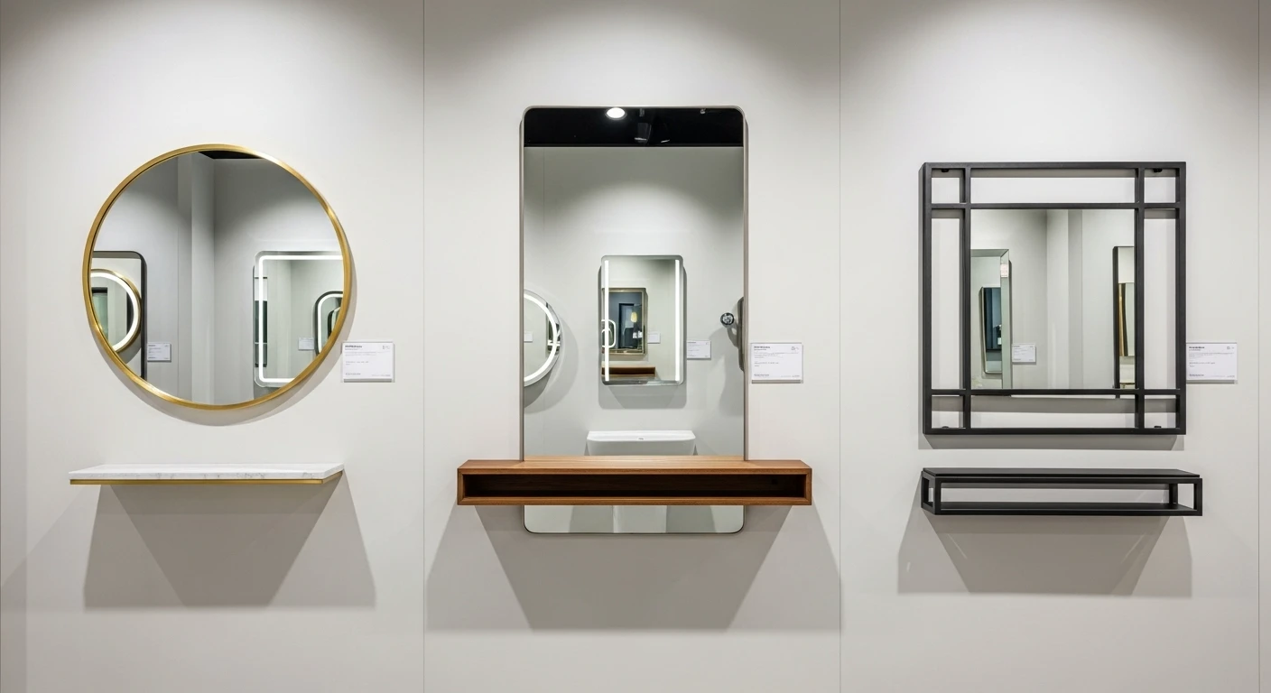 A collection of different styles of bathroom mirrors with shelves displayed on a wall.