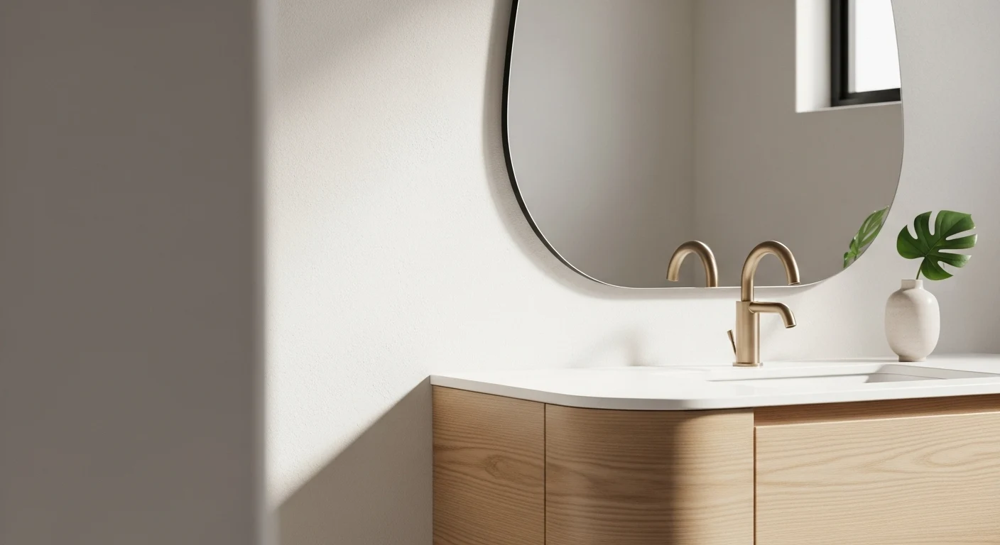 A close-up on a bathroom design trend for 2026, showing a beautiful arched mirror above a light wood vanity with soft, rounded corners.
