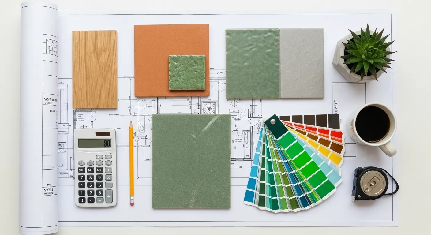 A flat lay image representing the process of budgeting for bathroom renovations 2026, with tile samples, a calculator, and blueprints.